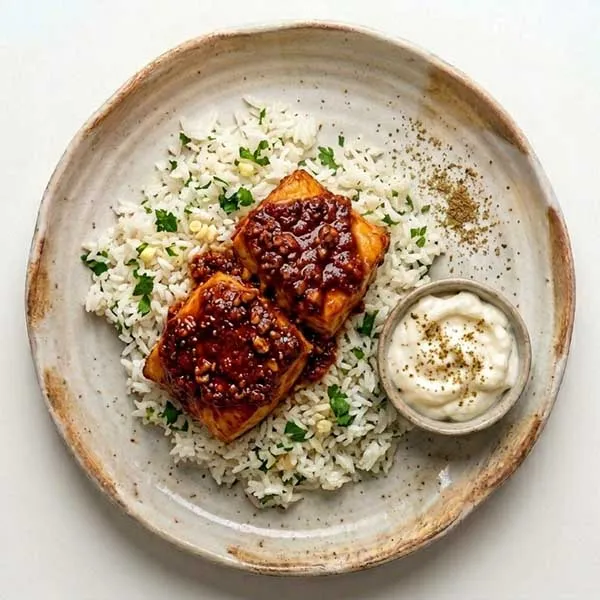 Muhammara Glazed Fish with Coriander-Garlic White Rice